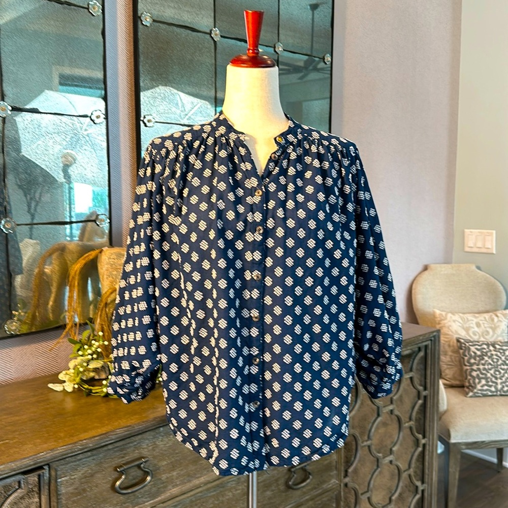 Anthropologie blue and white Dolman Sleeve button up blouse - Picture 3 of 12